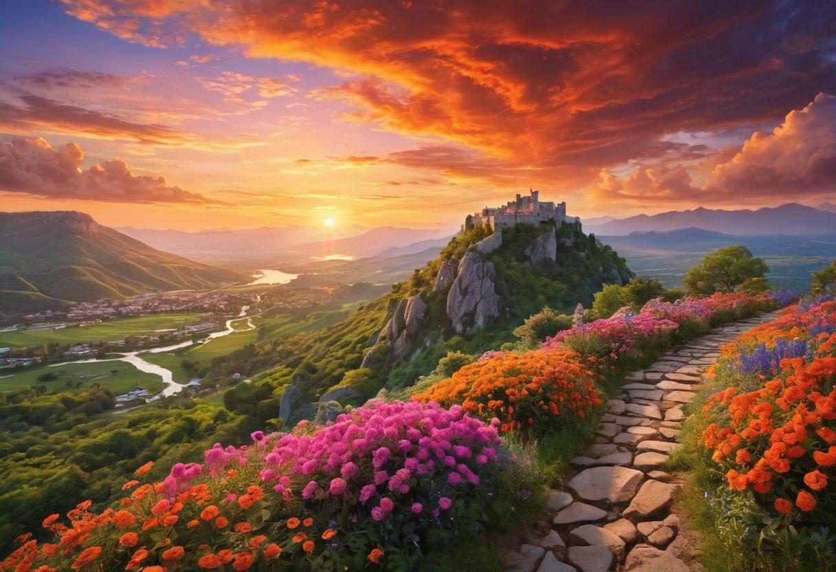 A breathtaking view from Monte Castle showcasing serene scenic trails winding through lush greenery, with majestic mountains in the background and a vibrant sunset painting the sky in hues of orange and pink. Include detailed wildflowers along the trail and a distant castle atop a hill, symbolizing tranquility and adventure. super-realistic. vibrant colors. 3D.