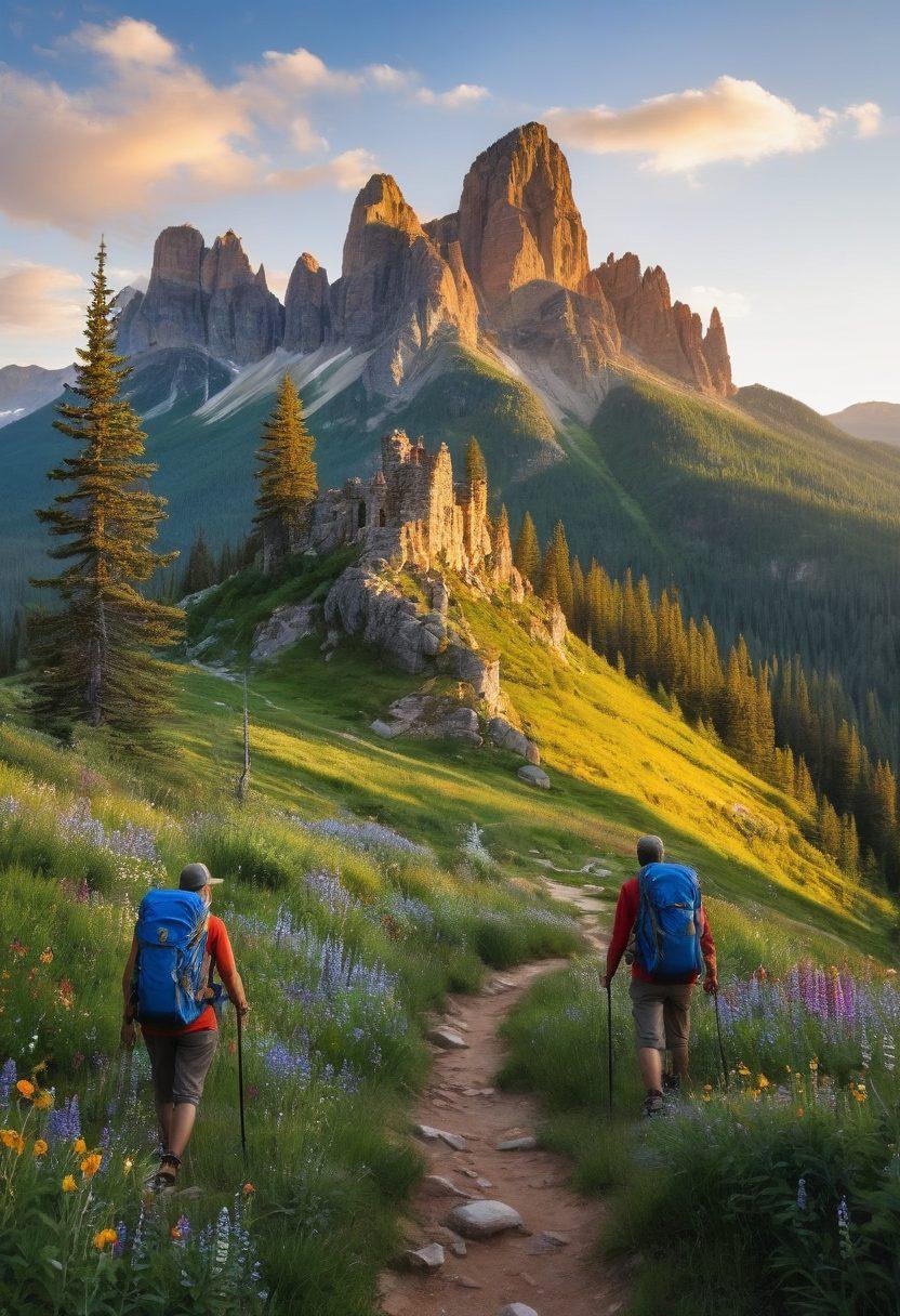 A majestic view of Castle Mountain rising dramatically against a clear blue sky, surrounded by lush green forests and a serene outdoor setting. In the foreground, a couple enjoys a hike, with backpacks and hiking poles, while a panoramic shot of the ancient castle ruins sits atop the mountain. Vibrant wildflowers bloom at their feet, adding color to the scene, and a soft sunlight bathes everything in a warm glow. super-realistic. vibrant colors. panoramic view.